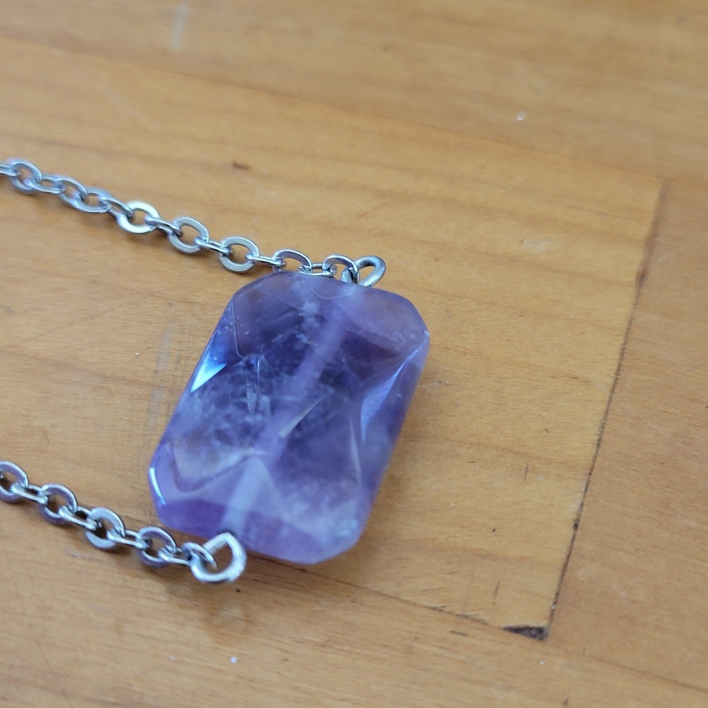 CHICO'S Amethyst Quartz Stone Bar Necklace Silver Tone Layering Chain Signed
